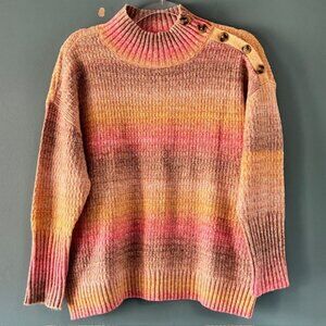 Talbots Yellow Pink Striped Ombre Crew Button Sweater XP Coastal Preppy NWT